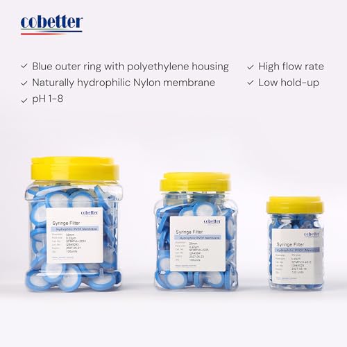 COBETTER hydrophilic PVDF syringe filter, 0.45μm, 13mm, non-sterile, pack of 100