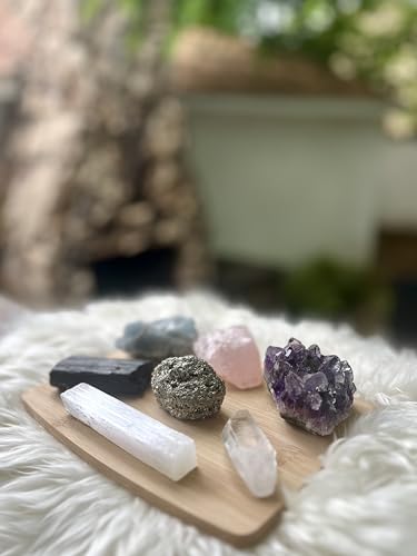 CRYSTALYA Premium Raw Crystals and Healing Stones in Wooden Gift Box Set + 50pg EBOOK + Info Guide – 7pcs Large 2-2.5” Natural Raw Crystals, Collection, Yoga, Reiki, Made in U.S.A