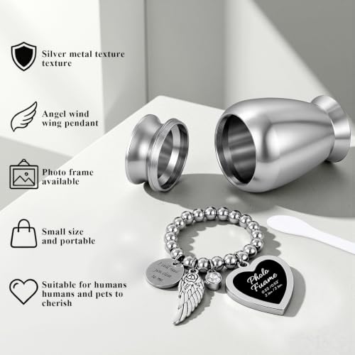 Small Urns for Human Ashes, Metal Cremation Urns for Both Humans and Pets with Velvet Bag and Spoon, Heart-Shaped Photo Frame, Suitable for Funeral, Burial, and Memorial Ceremonies