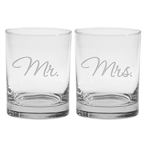 Culver Mr. & Mrs. Deep Etched (DOF) Double Old Fashioned Glasses, 13.5-Ounce (Gift Boxed, Set of 2)