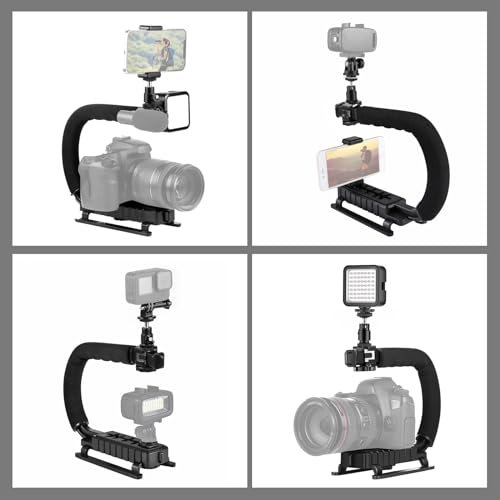 PULUZ U/C Shape Video Action Stabilizing Handle Grip Handheld Stabilizer Kit with Phone Clamp + LED Studio Light for Canon Sony Nikon Cameras and Home DV Camera Smartphones stabilizer kits 2