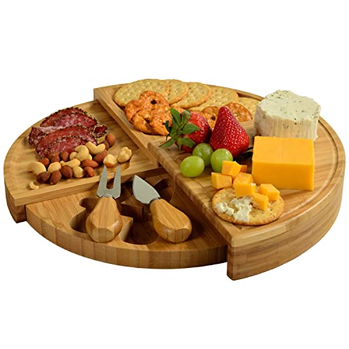 Picnic at Ascot Bamboo Board for Appetizers with Cheese Tools - Stores as a Space Saving Wedge - Opens to 13" Diameter – Designed by Picnic at Ascot - USA Patented & Quality Assured