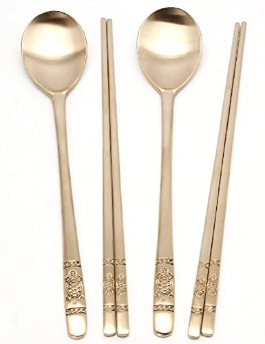 ZEESOON Korean Traditional Brass Spoon & Chopsticks Set, Light Gold