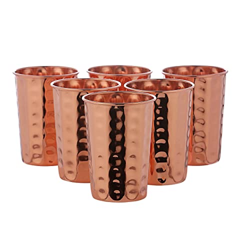 HealthGoodsIn Pure Copper Cups Set of 6 - Pure Copper Drinking Cups & Hammered Copper Tumbler for water 11.8 oz (350 mL), Ayurvedic Copper Cups for Daily Use