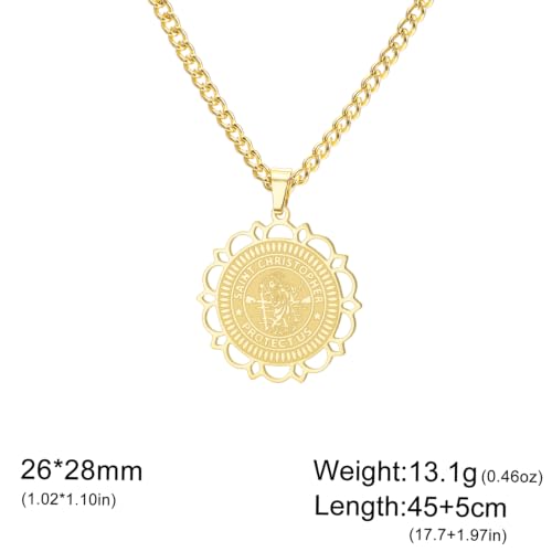 UNIFT Saint Christopher Medal Necklace for Women Men Stainless Steel Hollow Floral Border St Christopher Protect Us Pendant Driver Traveler Hikers Protection Amulet gold