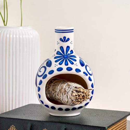 Ceramic Palo Santo Holder Chimney Burner, Cute Mini Chiminea Incense Cone Palo Santo Holder-blue and White