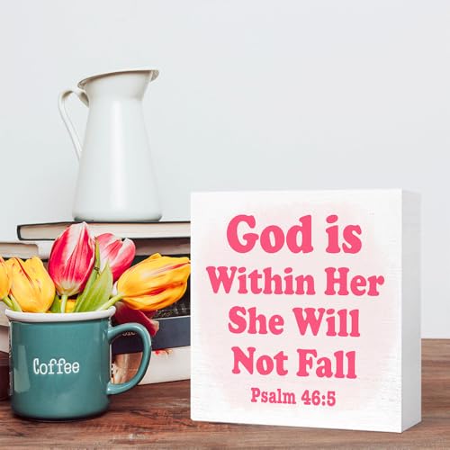 Psalm 46:5 Bible Verse Desk Decor God Is Within Her She Will Not Fall Wooden Box Sign for Pray Room,Christian Scripture,Religious Gift for Women 5x5 Inch