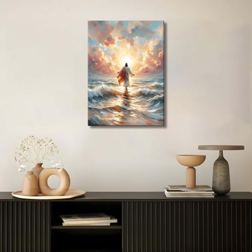 Jesus Walking on Water Canvas Wall Art Jesus Back Waters Reflection Sunset Glow Pink Gold Tones Wall Decor Pictures Christian Bible Stories Poster Prints for Living Room Church Home Decoration 16x24in 24"L x 16"W