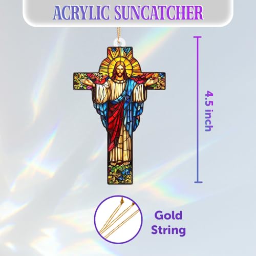 Stained Glass Jesus Cross Car Hanging Ornament – Acrylic Rearview Mirror Charm, Christian Cross Sun Catcher for Car or Home, Inspirational Religious Gift for Men & Women(Sun-29) Sun-29
