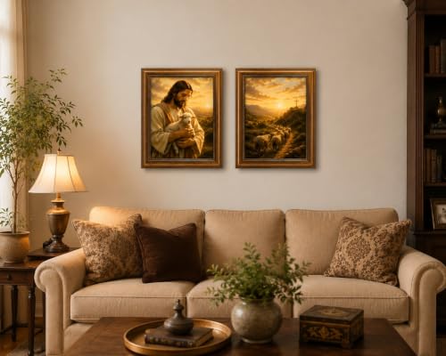2Pc Framed Christian Shepherd Wall Art 16x24 Set Living Room Church 16x24in
