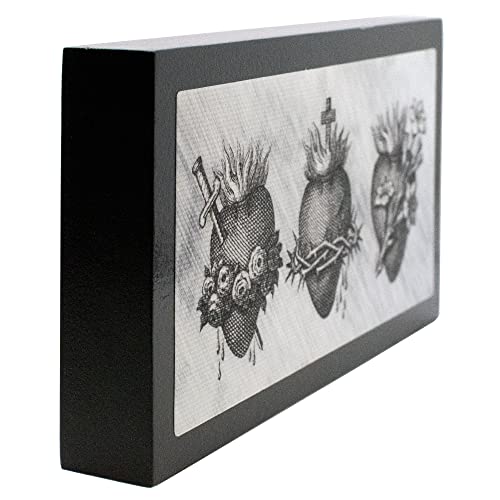 Holy Family Block Plaque | Immaculate & Sacred Heart | Black & White Art