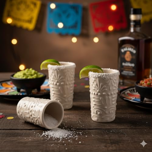 Mexican Shot Glasses Set of 4 - Hand Painted Talavera Tequila Glasses 2oz - Authentic Ceramic Colorful Drinking Cups White Lace