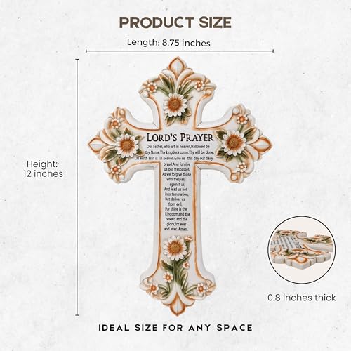 AMAJY Cross with Flower and Lord's Prayer - Religious Resin Wall Art Panel