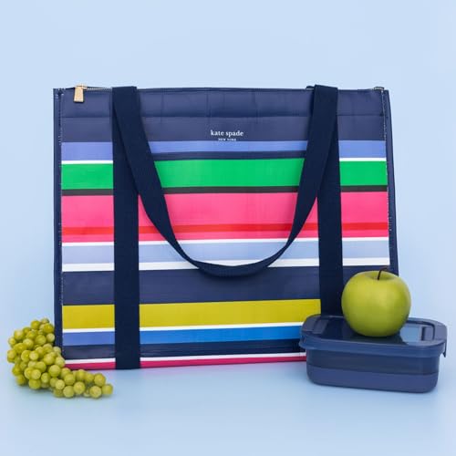 Kate Spade New York insulated grocery tote bag with a bright sunny day stripe pattern, reusable design with sturdy handles.