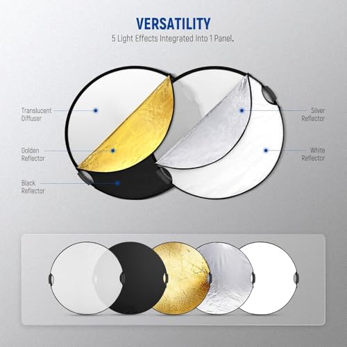 NEEWER 43"/110cm Light Reflector with Clamp & Hand Grips, 5 In 1 Collapsible Multi Disc Photography Reflector Translucent/Silver/Gold/White/Black with 3/8" Thread for Studio Outdoor Lighting, RF-110II 110cm w/Clamp