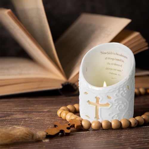 DreamsEden Candle Holder Ceramic Christian Cross Tea Light Holder with Bible Fresh Tealight Cup Votive Candle Holder for Wedding Home Decor (Faith) Faith