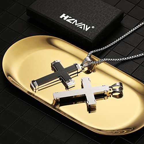 HZMAN Stainless Steel Men's Large Cross Necklace Lord's Prayer Pendant Necklace Jewelry Gift Silver Black