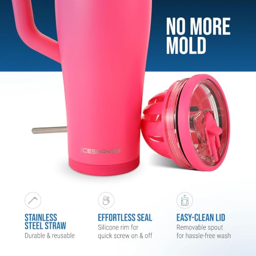 Ice Shaker 32 oz Tumbler with Handle and Straw | 32oz Neon Pink | Cold for 30+ Hours | 2-in-1 Tumbler Shaker Bottle | Odor-Free 32 ounce Bottle for Water, Protein Shakes, Smoothies, Cocktails