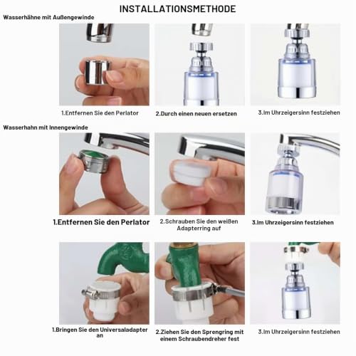 Pack of 2 Water Filter Tap, 360° Tap Filter | With 6 pieces PP cotton filter element and universal adapter, faucet filter for home, kitchen, bathroom, sink