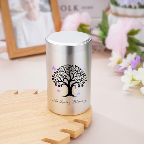 SOITIS Mini Urn for Human Ashes 3.54 Inch Small Urns for Human Ashes Keepsake Memorial Urn for Human Ashes Aluminum Keepsake Cremation Ashes Keepsake-Tree of Life with the Moon and Sun Silver-Tree