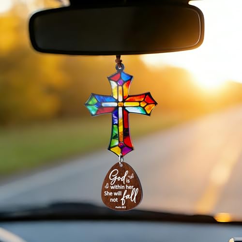 Christian Gifts for Women, Cross for Car Mirror Hanging, Daily Bible Verse Cross Ornament, Religious Gift for Women - Easter, Encouragement, Faith, “God is Within Her” Hanging Ornament God is Within Her