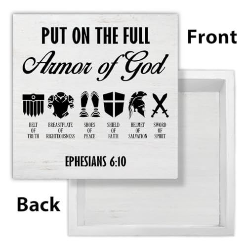 Put on the Full Armor of God Sign Christian Desk Decor Farmhouse Ephesians 6:10 Christian Wooden Sign Decorations for Home Office Desk Shelf Table 5 x 5 Inches, Religious Gifts for Women Men