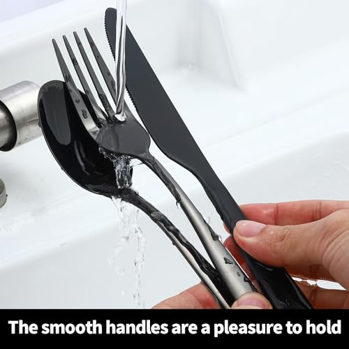 Set of 24 Amafox stainless steel black dinner forks and spoons, includes 12 forks and 12 spoons for everyday dining.