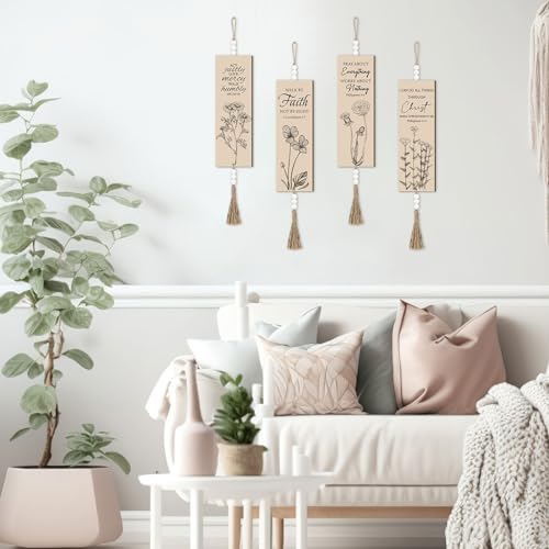 Gerrii 4 Pcs Bible Verses Wall Art Christian Wall Art Boho Hanging Signs Minimalist