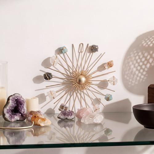 Marsui Sunburst Crystal Wall Decor, Gold Metal Sun Wall Art with Natural Chakra Stones, Boho Celestial Hanging for Bedroom Living Room Meditation, Summer Modern Spiritual Home Decor Gift for Women