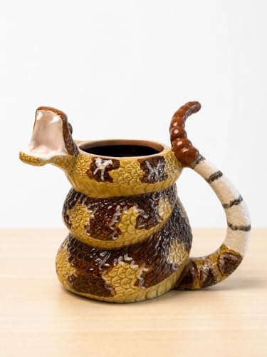Ceramic Rattlesnake Mug, Novelty Snake Design Coffee Cup with Coiled Body and Tail Handle, Brown and Tan Glazed Finish