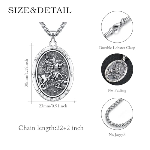 925 Sterling Silver Patron Saint Medal Necklaces with 22"+2" Rolo Chain Silver Oxided 18b-St George