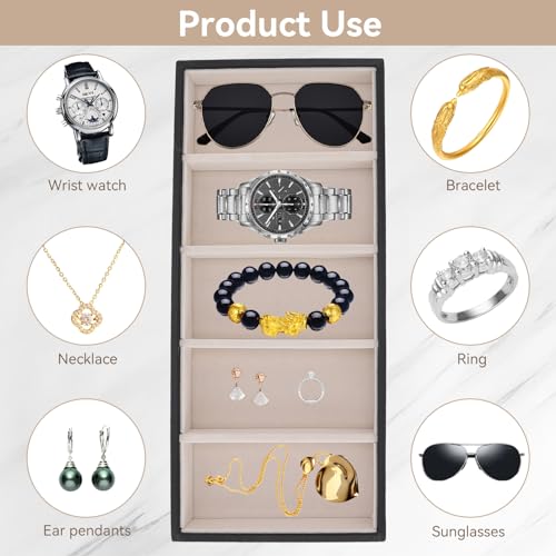 HERCHR 5 Grid Stackable Eyeglass Storage Holder Organizer, Sunglass Drawer Organizer Glasses Tray Display Case Box Eyeglasses Watches Jewelry Display for Dresser or Store Countertop Black