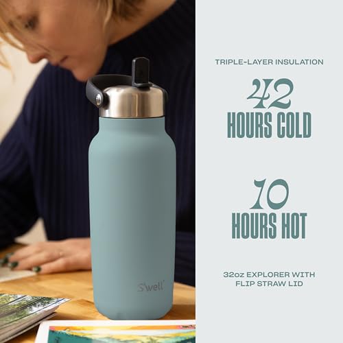S'well Recycled Stainless Steel Explorer with Flip Straw Lid, 32oz, Eucalyptus, Triple Layered Vacuum Insulated Containers Keeps Drinks Cold for 42 Hours and Hot for 10