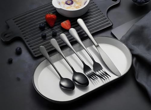 40 Pieces Premium Stainless Steel Flatware Set for 8, Ergonomic and Modern Design Cutlery Set, Mirror Polished, Dishwasher Safe (40, Titanium black) 40