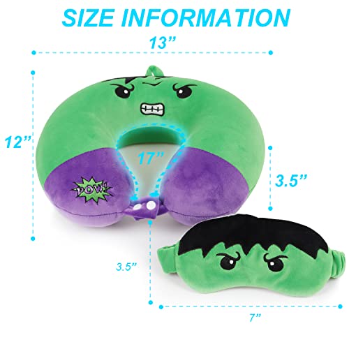 Superhero Travel Pillow for Kids & Adults with Sleep Eye Mask, Memory Foam U-Shaped Neck Pillow with Washable Cover, Soft Head Support Travel Accessories for Airplane Car Train Bus Recline, Green Green Set