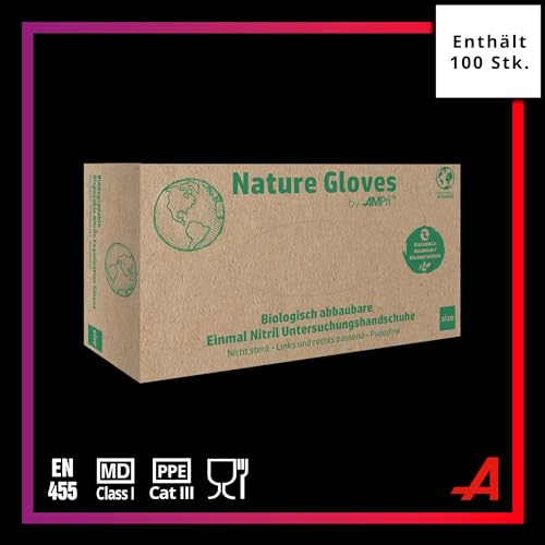 AMPRI Biodegradable Nitrile Gloves, Green, Pack of 100/Box, Size S, Powder-Free, Nature Gloves by Med-Comfort: Nitrile Disposable Gloves, Disposable Gloves in Sizes XS, S, M, L, XL | Green, 100pcs/box, size S