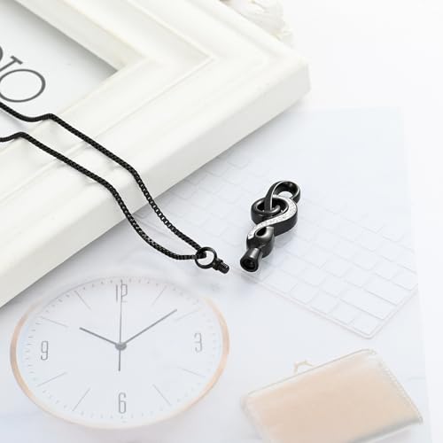 XSMZB Cremation Jewelry Crystal Music Note Urn Necklace for Ashes Stainless Steel Necklace Urn Cremation Memorial Ashes Holder Keepsake Pendant Locket Black