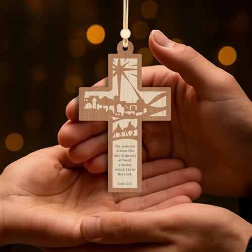 Wooden Nativity Cross Ornament, Christian Car Hanging Cross Décor, Bible Verse Luke 2:11, Religious Easter Ornament, Catholic Gift, Jesus Nativity Keepsake 2026 Nativity Cross 3