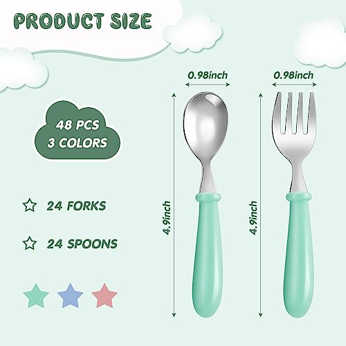 Dandat 48 Pcs Toddler Utensils Kids Silverware Set Stainless Steel Baby Forks and Spoons Toddler Safe Flatware Metal Kids Cutlery with Round Thick Grip Handles for Self Feeding, Dishwasher Safe