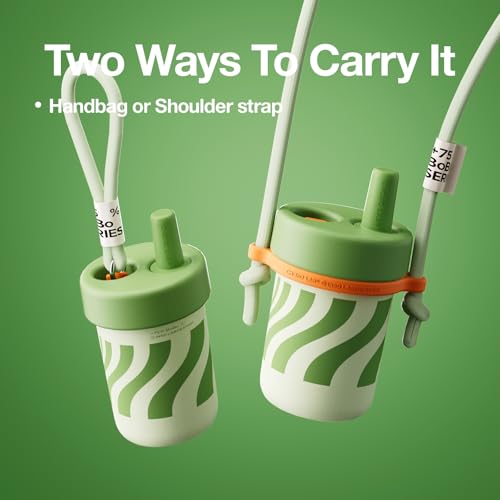 CHAKO LAB Kids Water Bottle with Carrying Rope and Straps | Ceramic liner 16oz for School and Trvels | Two Travel Carrying Options | Avocado Green