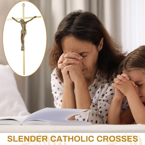 Leinuosen 2 Pcs Metal Wall Crosses Crucifix Catholic Home Decor, Shiny Gold