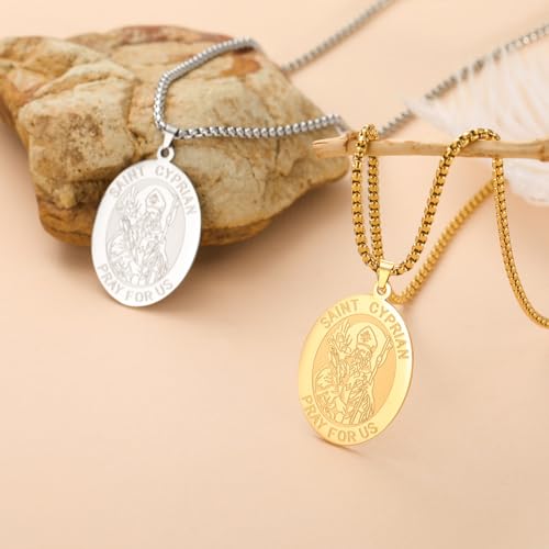 kkjoy Personalized Saint Cyprian PRAY FOR US Necklace Stainless Steel Oval Medal Pendant Protection Amulet Jewelry for Women Men Friends Couple Family Member Silver