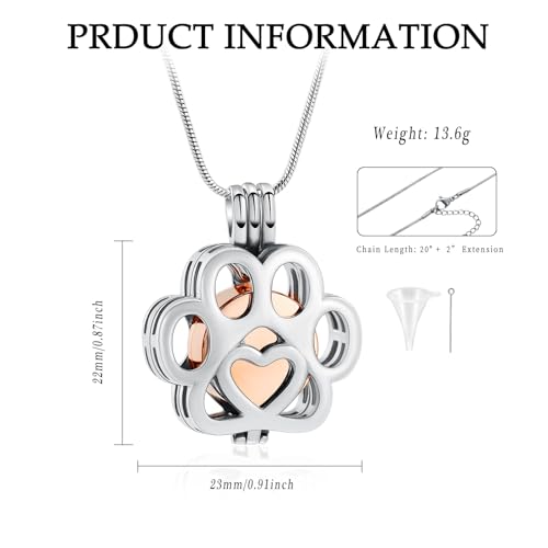 Cremation Jewelry for Ashes For Dog/Cat Paw Print Stainless Steel Memorial Locket Urn Necklace Inside Mini Case Keepsake for Pet A-Silver+Rose Gold