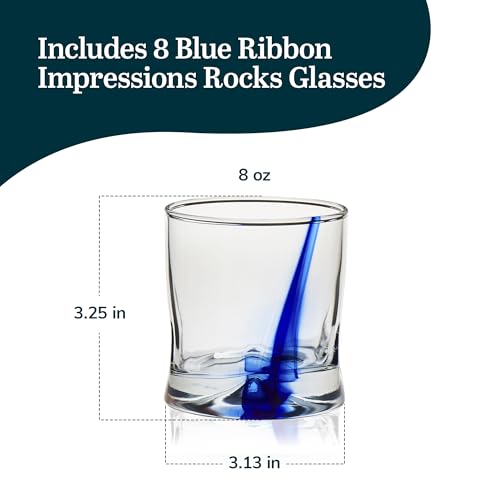 Libbey Blue Ribbon Rock Glasses Set of 8, Artisan Inspired Four-Dimple Shaped Whiskey Glasses Set, Dishwasher Safe Short Drinking Glasses for Families Blue Ribbon S