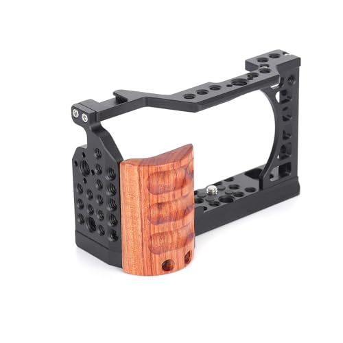 Frame Cage for Sony Alpha A6400/A6500/A6300/A6100/A6000 Camera, Full Protection Frame Rabbit Cage with Multiple 1/4" 3/8" Screw Holes, Cold Shoe and Arca Quick Release Plate & Wooden Handgrip