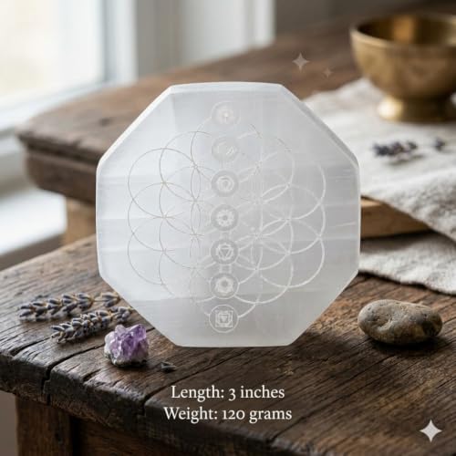 Selenite Gemstone 3 INCHES Etched Charging Plate Crystal Healing Reiki FENG Shui Gemstone Gift Peace Meditation Handcrafted