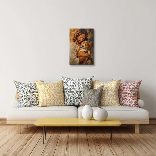 Anypicrt Jesus Poster Framed Jesus Hugs Beagle Dog Wall Art Religious Canvas Painting Picture Prints Pet Modern Wall Decor for Room 12"L x 8"W