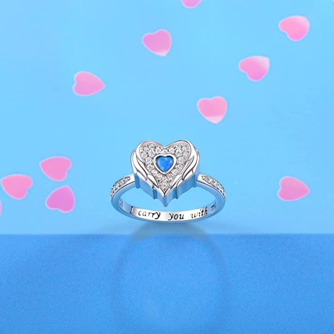 Jinlou Angel Wing Heart Cremation Ring for Women - 925 Sterling Silver Holds Loved Ones Ashes Rings for Pet Human Ash CZ angel rings for ashes 6
