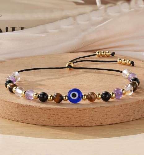 Evil Eye Bracelet - Natural Crystal Protection Bracelet -5 Healing Stones