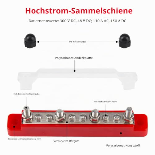 Busbar 12V-48V DC Clamp Rail (Red and Black) Pack of 2 | Distributor Block Terminal Block 150A with Cover 6 x M4 & 4 x M6 Terminal Bolts for Car Truck Yacht Boat
